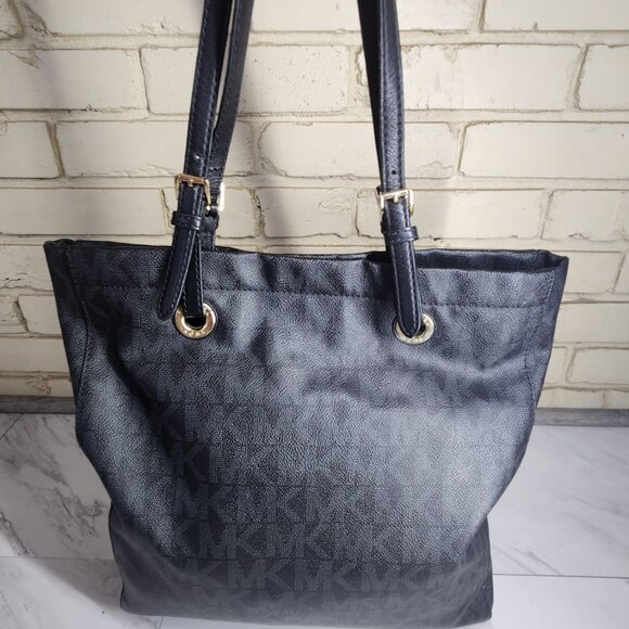 Like New Michael Kors Black Leather Monogrammed Tote Bag Purse - Picture 2 of 12